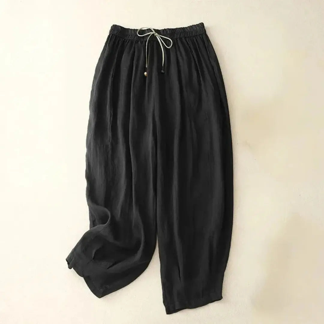 Pantalon femme taille haute avec jambes droites, cordon de serrage et poches latérales-Pants Female-Gigié