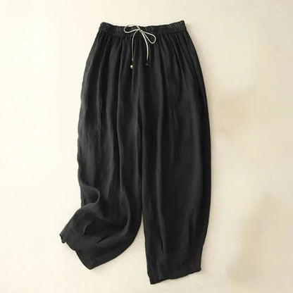 Pantalon femme taille haute avec jambes droites, cordon de serrage et poches latérales-Pants Female-Gigié