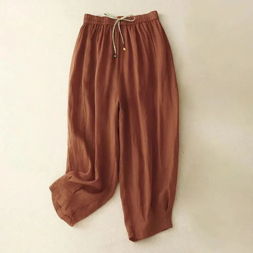 Pantalon femme taille haute avec jambes droites, cordon de serrage et poches latérales-Pants Female-Gigié