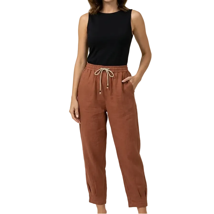 Pantalon femme taille haute avec jambes droites, cordon de serrage et poches latérales-Pants Female-Gigié