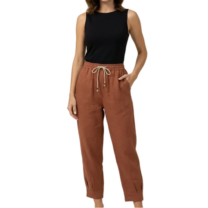 Pantalon femme taille haute avec jambes droites, cordon de serrage et poches latérales-Pants Female-Gigié