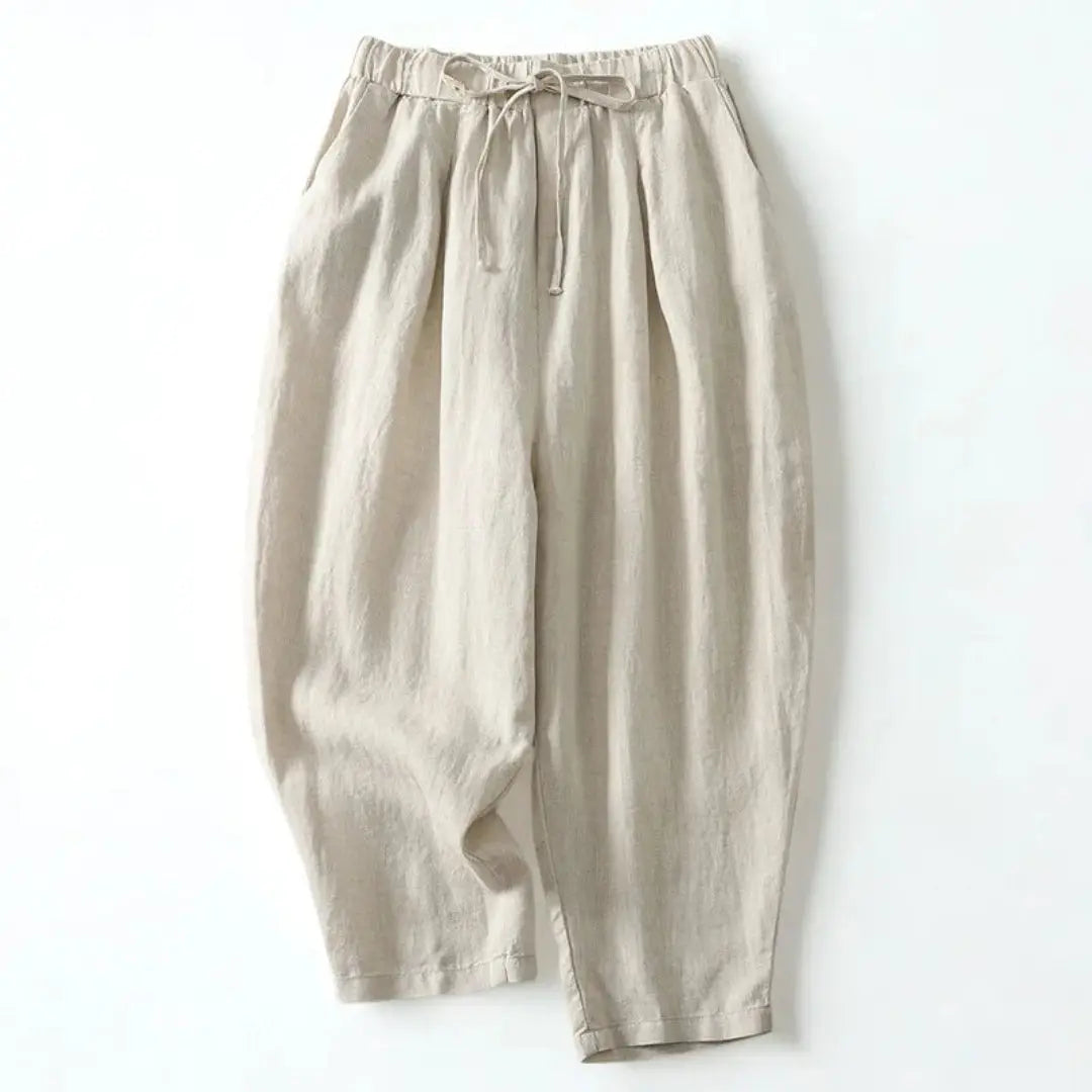Pantalon femme taille haute avec jambes larges, cordon de serrage et poches latérales-Pants Female-Gigié
