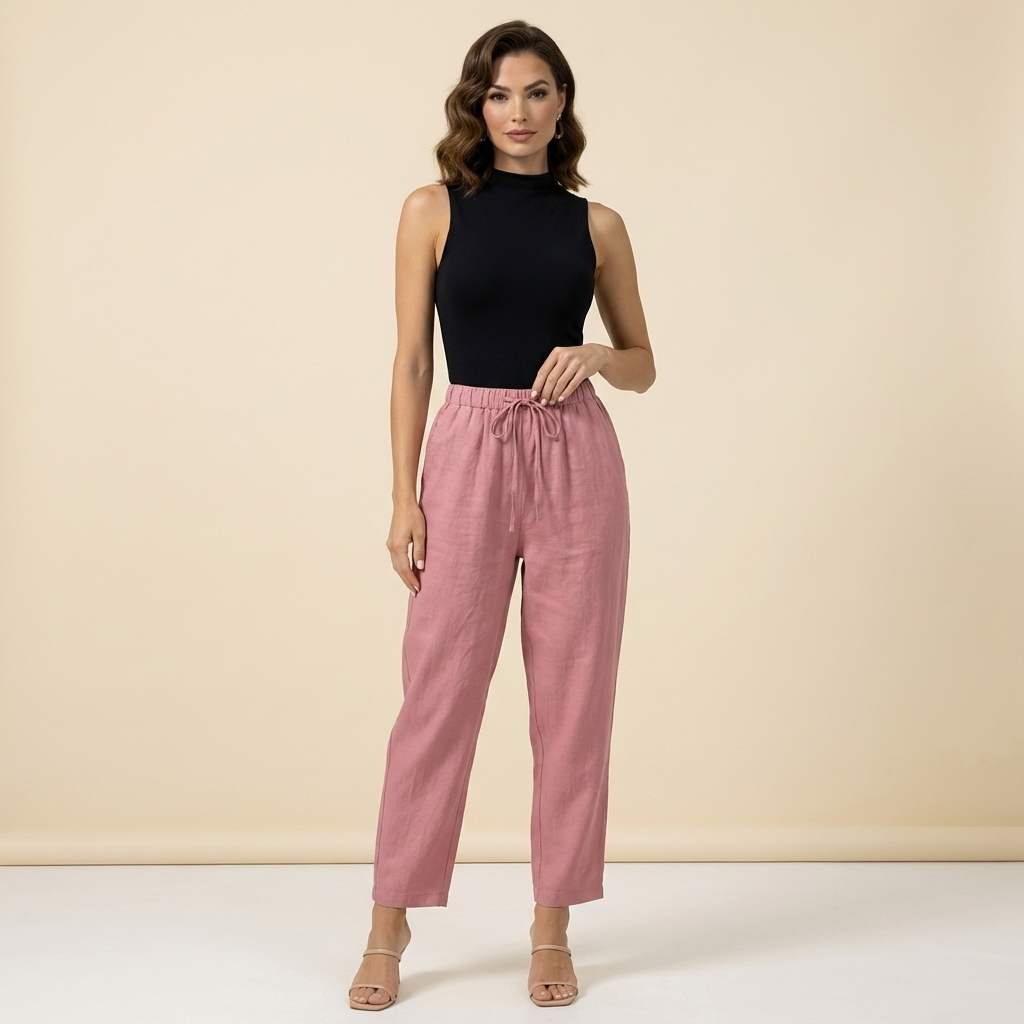 Pantalon femme taille haute avec jambes larges, cordon de serrage et poches latérales-Pants Female-Gigié