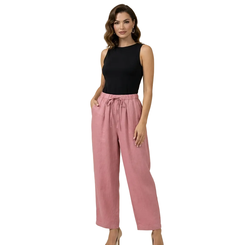 Pantalon femme taille haute avec jambes larges, cordon de serrage et poches latérales-Pants Female-Gigié