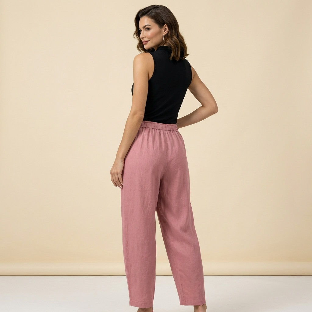 Pantalon femme taille haute avec jambes larges, cordon de serrage et poches latérales-Pants Female-Gigié