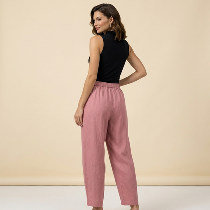 Pantalon femme taille haute avec jambes larges, cordon de serrage et poches latérales-Pants Female-Gigié