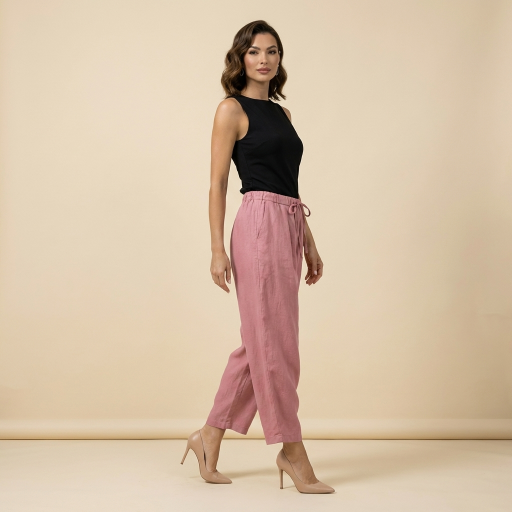 Pantalon femme taille haute avec jambes larges, cordon de serrage et poches latérales-Pants Female-Gigié
