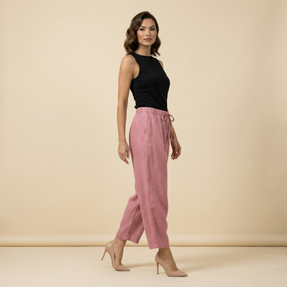 Pantalon femme taille haute avec jambes larges, cordon de serrage et poches latérales-Pants Female-Gigié