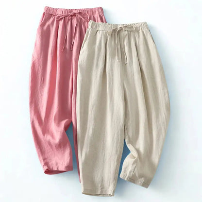 Pantalon femme taille haute avec jambes larges, cordon de serrage et poches latérales-Pants Female-Gigié