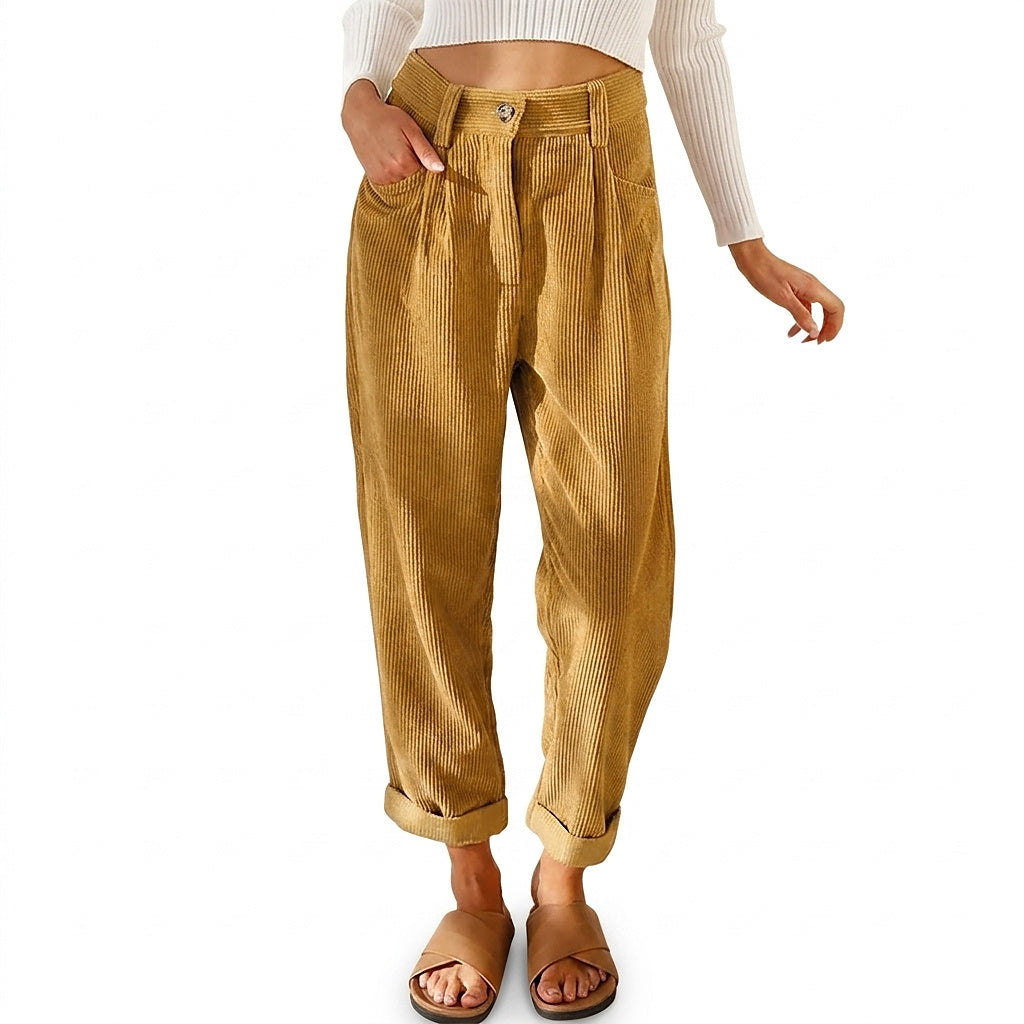 Pantalon fuselé taille haute en velours côtelé pour femme 1