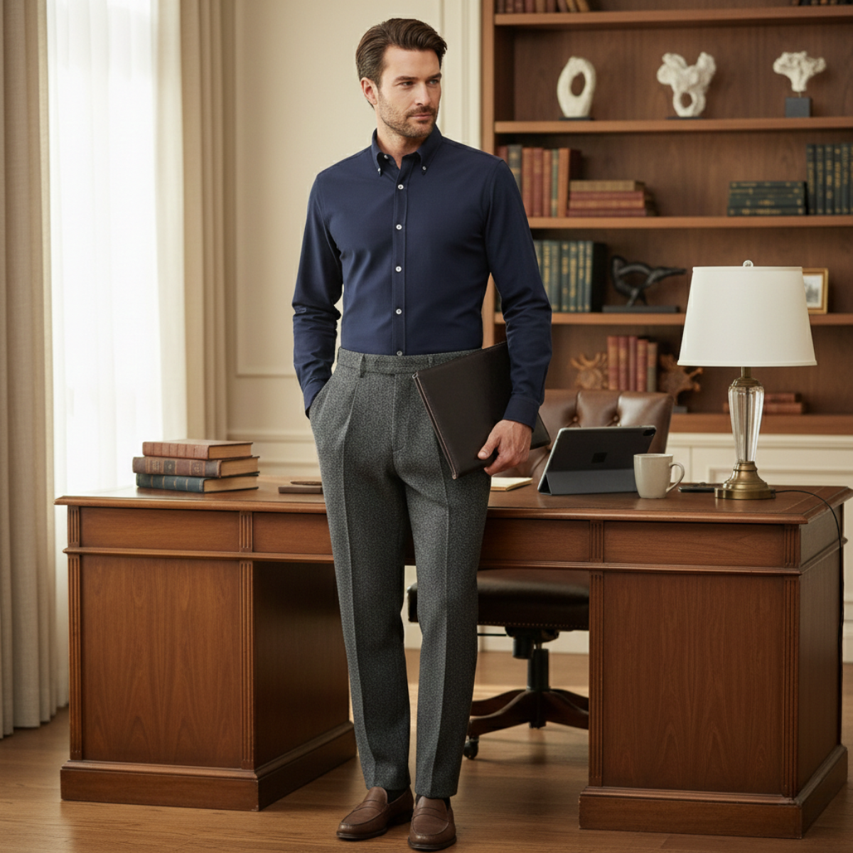 Pantalon Homme Coupe Droite avec Motif Chevrons et Plis-Male Pants-Gigié