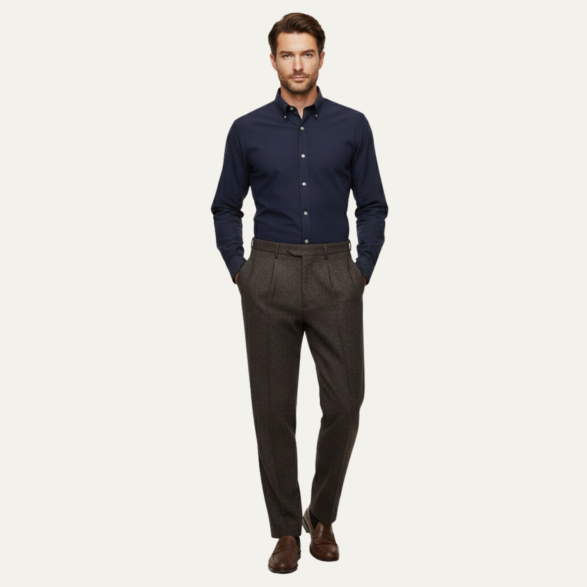 Pantalon Homme Coupe Droite avec Motif Chevrons et Plis-Male Pants-Gigié