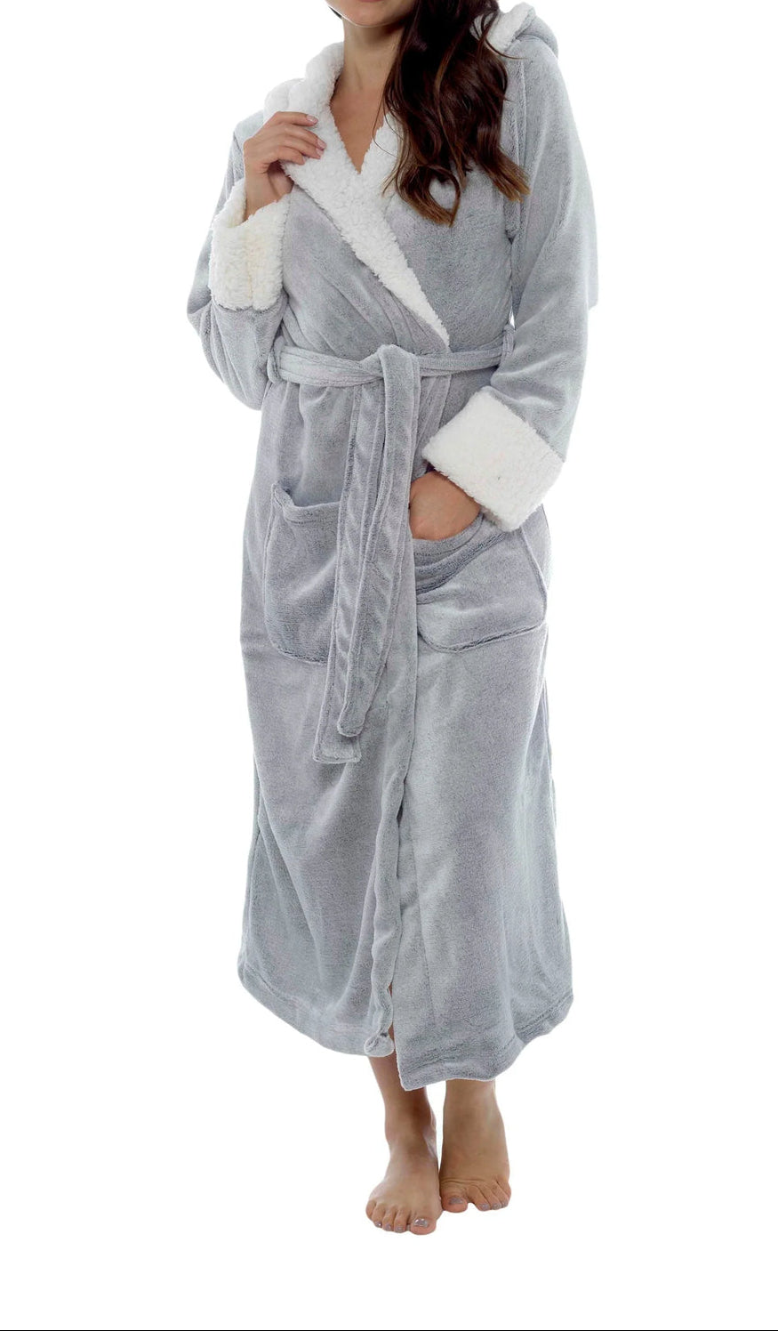 Peignoir croisé pour femme avec capuche, ceinture et poches plaquées-Women Robe-Gigié