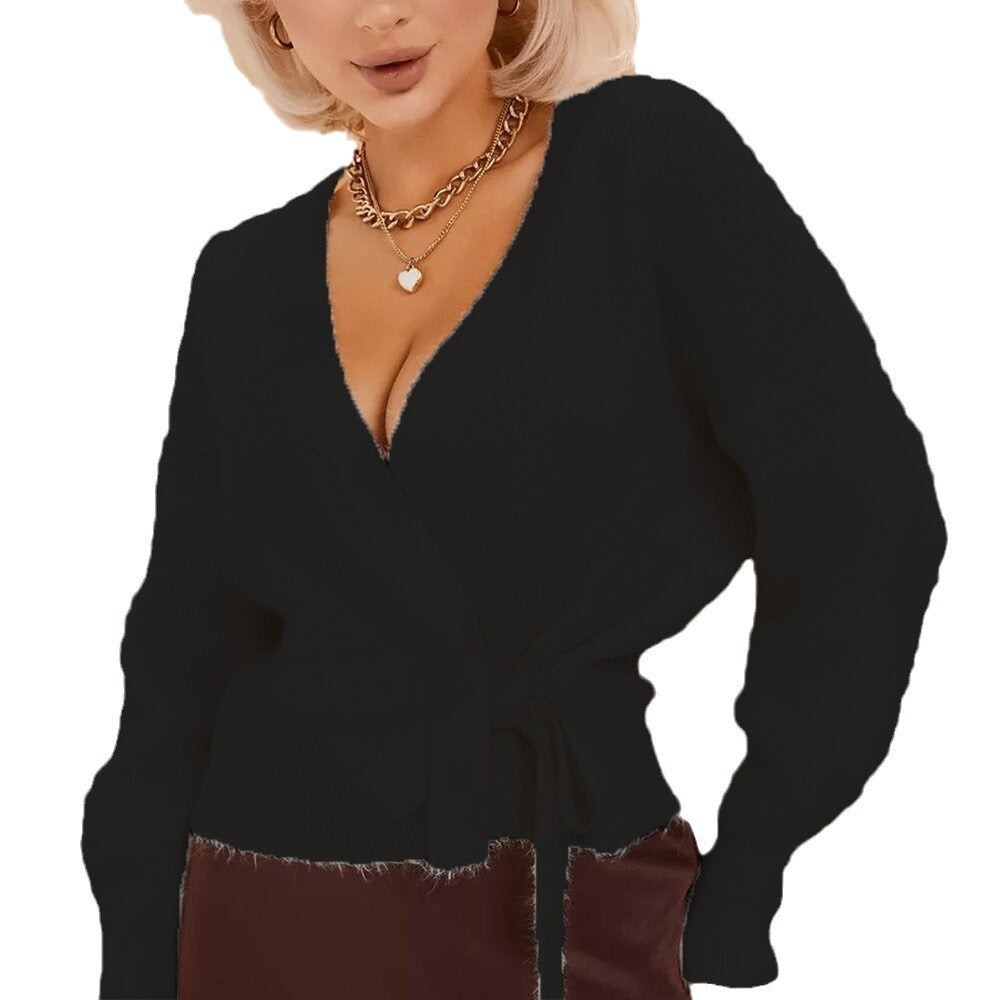 Pull cache-cœur en maille pour femme avec col en V et lien à nouer-Sweater Female-Gigié