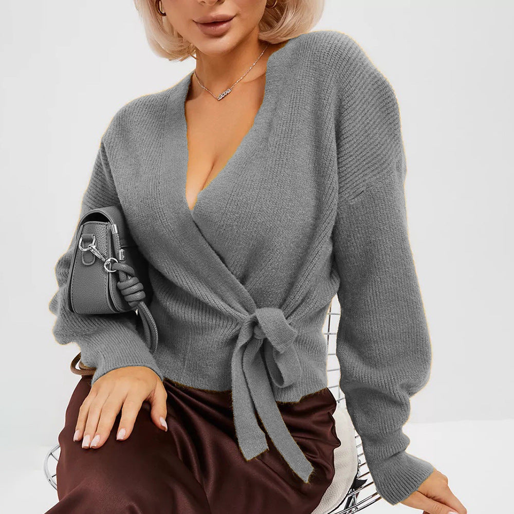 Pull cache-cœur en maille pour femme avec col en V et lien à nouer-Sweater Female-Gigié