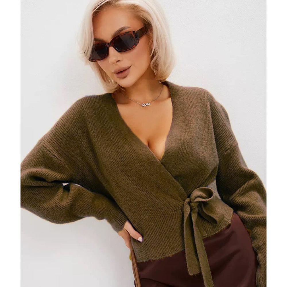Pull cache-cœur en maille pour femme avec col en V et lien à nouer-Sweater Female-Gigié