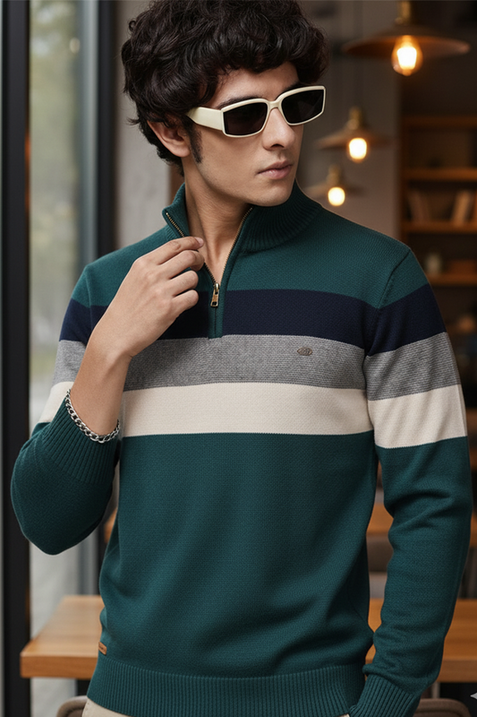Pull Demi-Zip | Gabriel – Bleu-Vert & Rayures Contrastées-Gigié