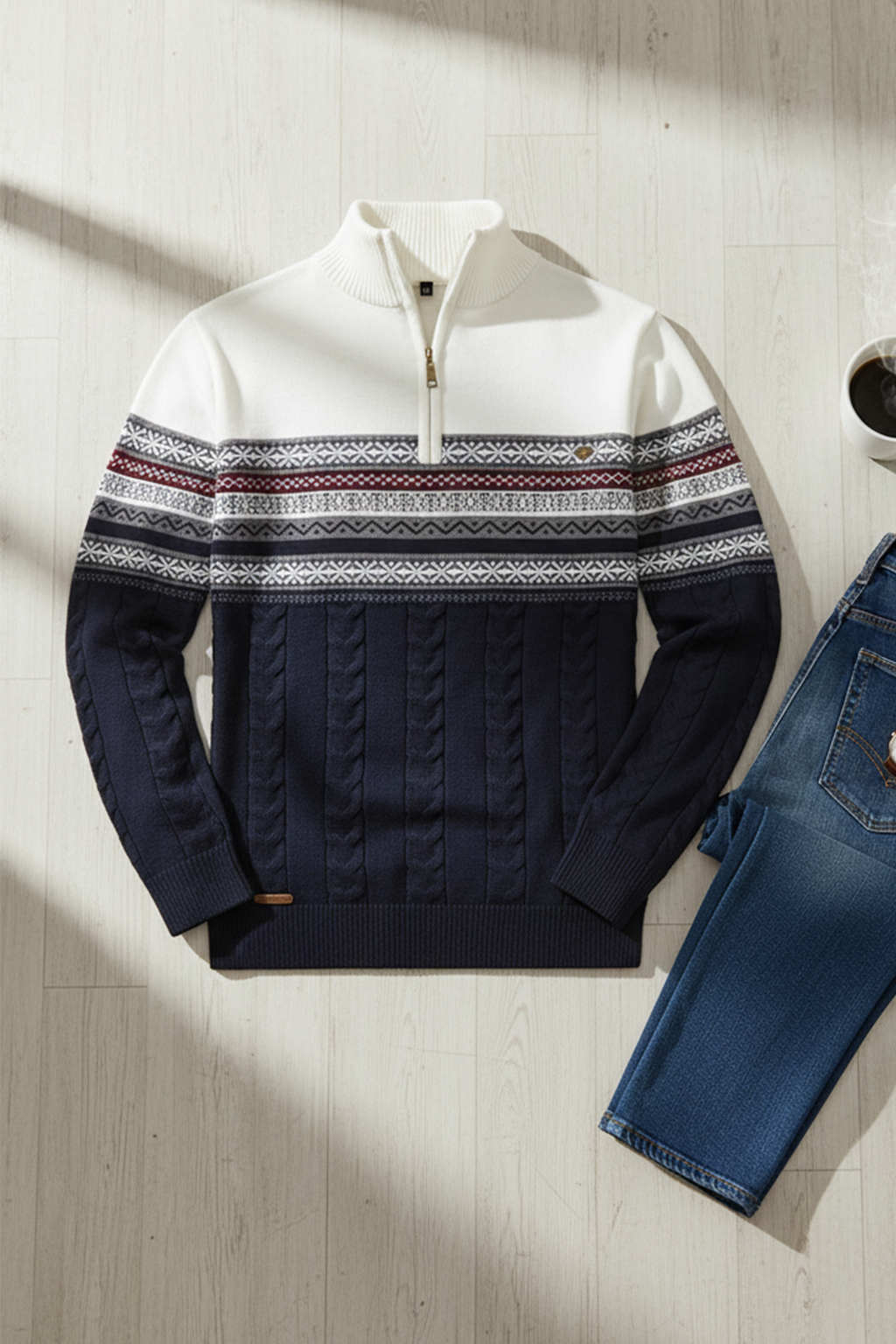 Pull Demi-Zip | Julien – Blanc & Bleu Marine-Gigié