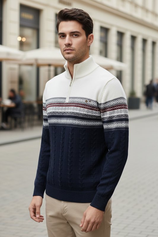 Pull Demi-Zip | Julien – Blanc & Bleu Marine-Gigié