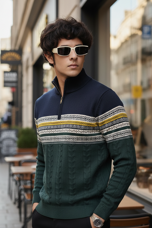 Pull Demi-Zip | Mathieu – Bleu Marine & Vert Forêt-Gigié