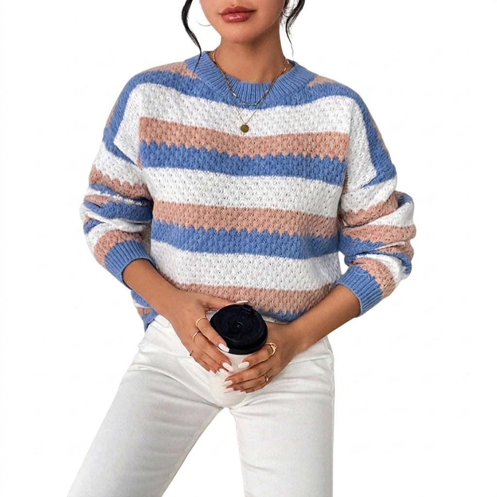 Pull en maille à col rond rayé pour femme 1