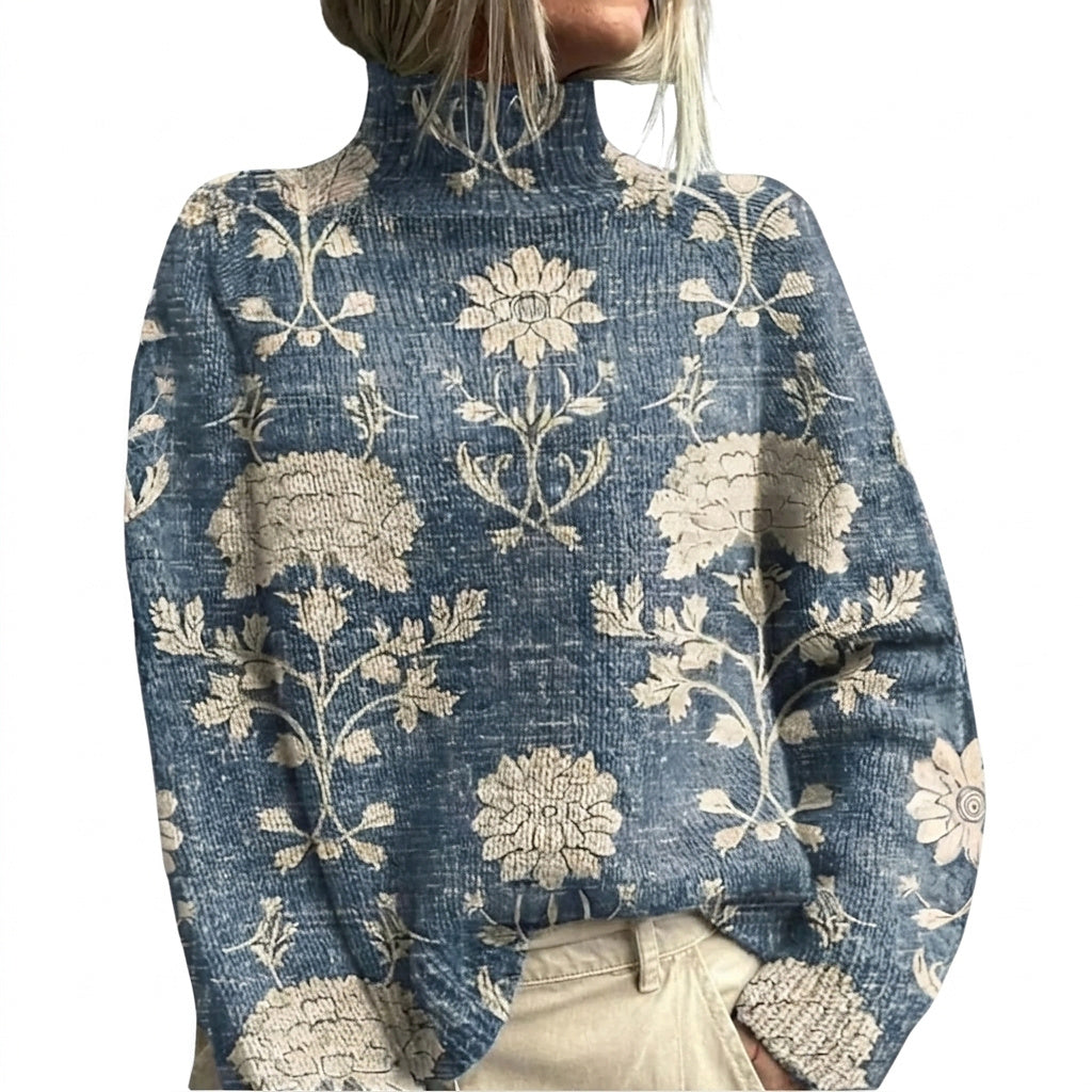 Pull en maille à motif floral et col montant pour femme 1