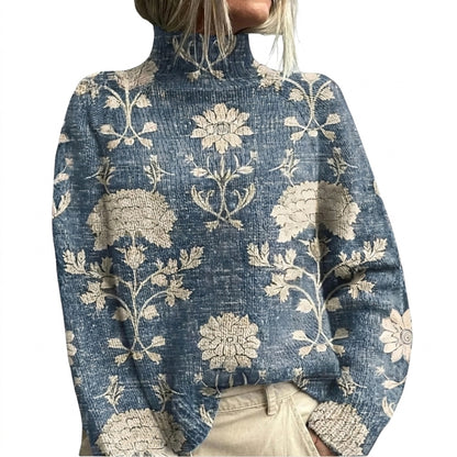 Pull en maille à motif floral et col montant pour femme 1
