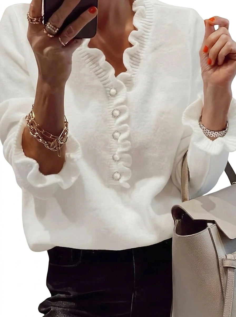 Pull en maille pour femme avec col en V à volants et détails boutonnés 1