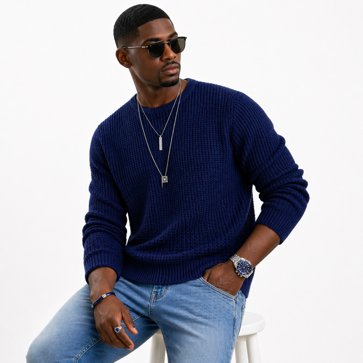 Pull homme à col rond avec maille texturée-Sweater Male-Gigié