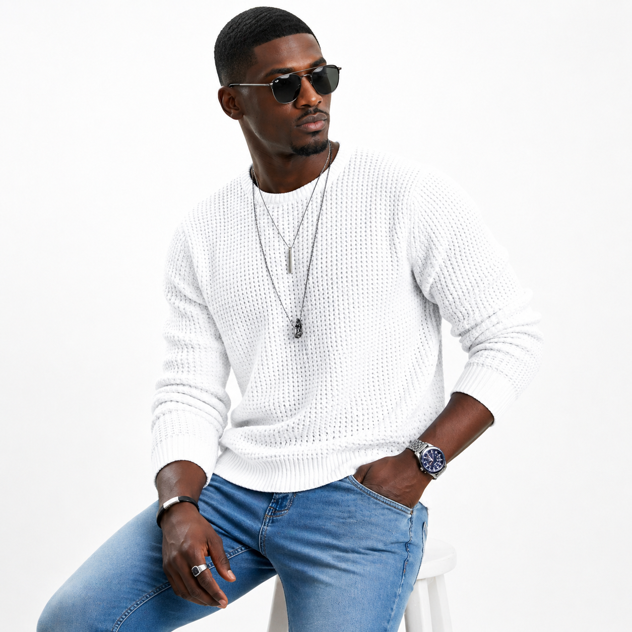 Pull homme à col rond avec maille texturée-Sweater Male-Gigié