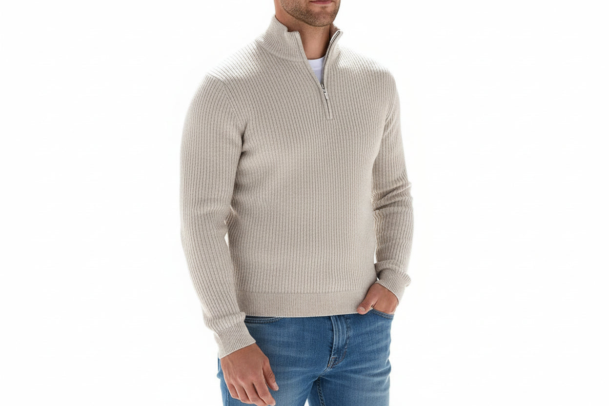 Pull Homme Col Camionneur Zippé & Maille Côtelée-Gigié