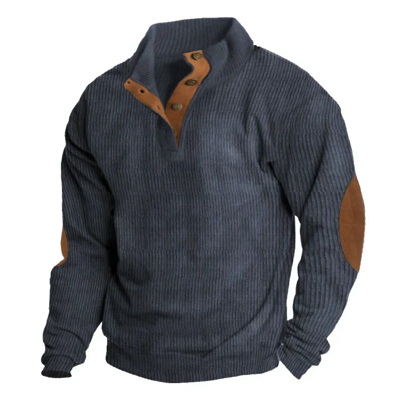 Pull Homme Hiver Maille Côtelée Col Boutonné & Coudières Rétro-Gigié