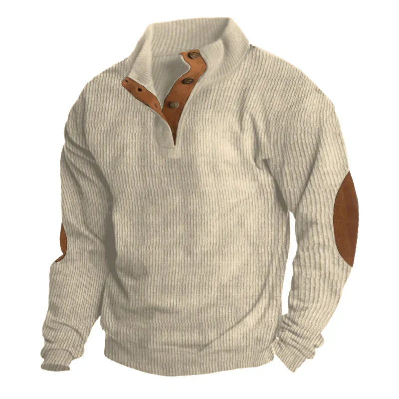 Pull Homme Hiver Maille Côtelée Col Boutonné & Coudières Rétro-Gigié