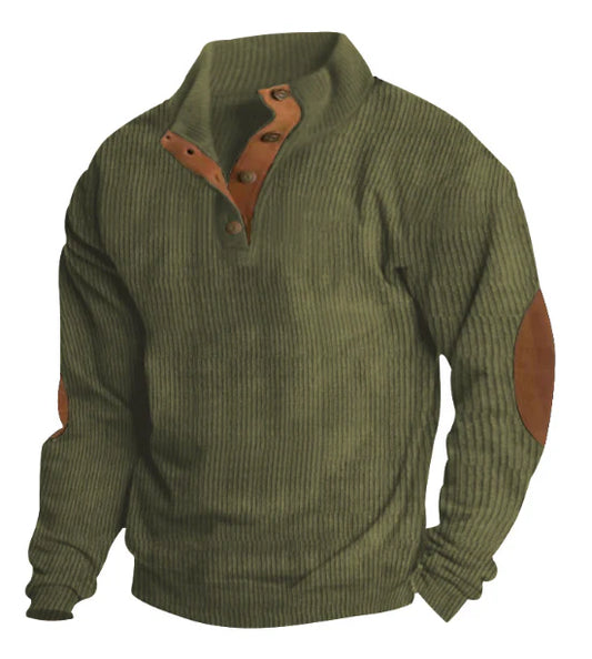 Pull Homme Hiver Maille Côtelée Col Boutonné & Coudières Rétro-Gigié