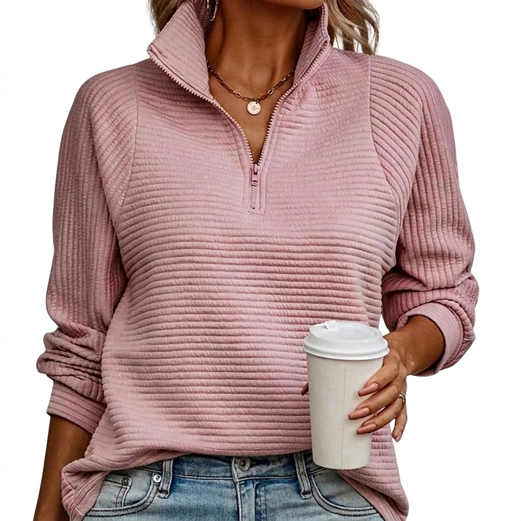 Pull-over femme à fermeture éclair et texture côtelée 1