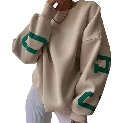 Pull oversize femme avec encolure ronde et impression sur les manches-Womens Sweater-Gigié