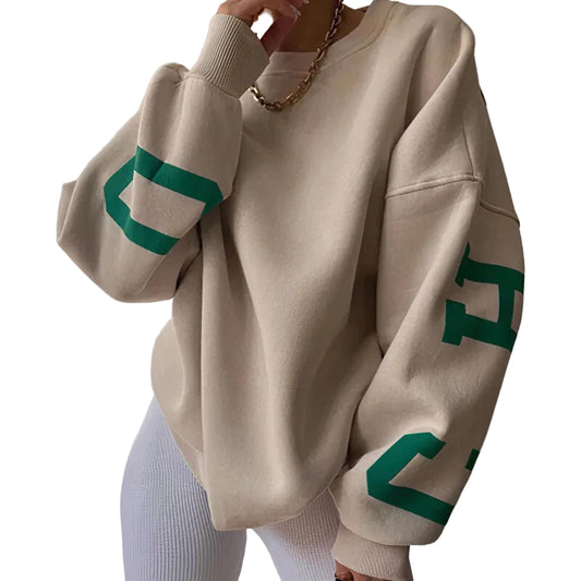 Pull oversize femme avec encolure ronde et impression sur les manches-Womens Sweater-Gigié