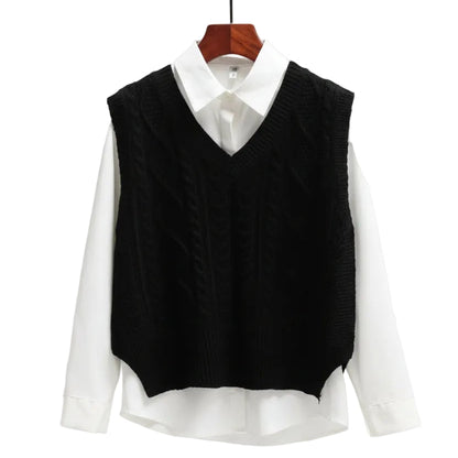 Pull sans manches à encolure en V et silhouette droite-Sweater Female-Gigié