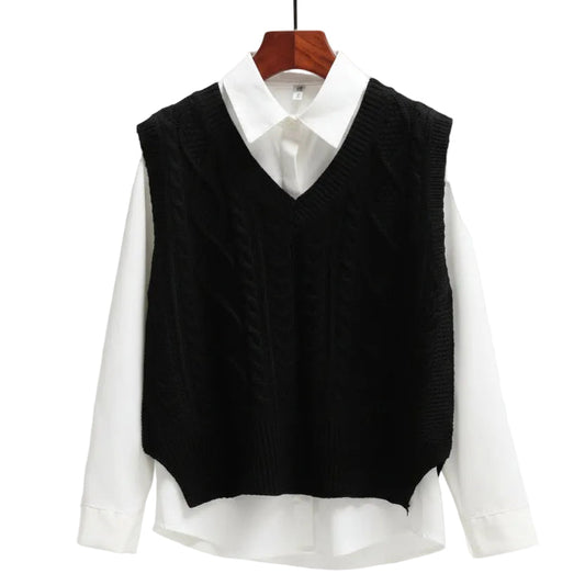 Pull sans manches à encolure en V et silhouette droite-Sweater Female-Gigié