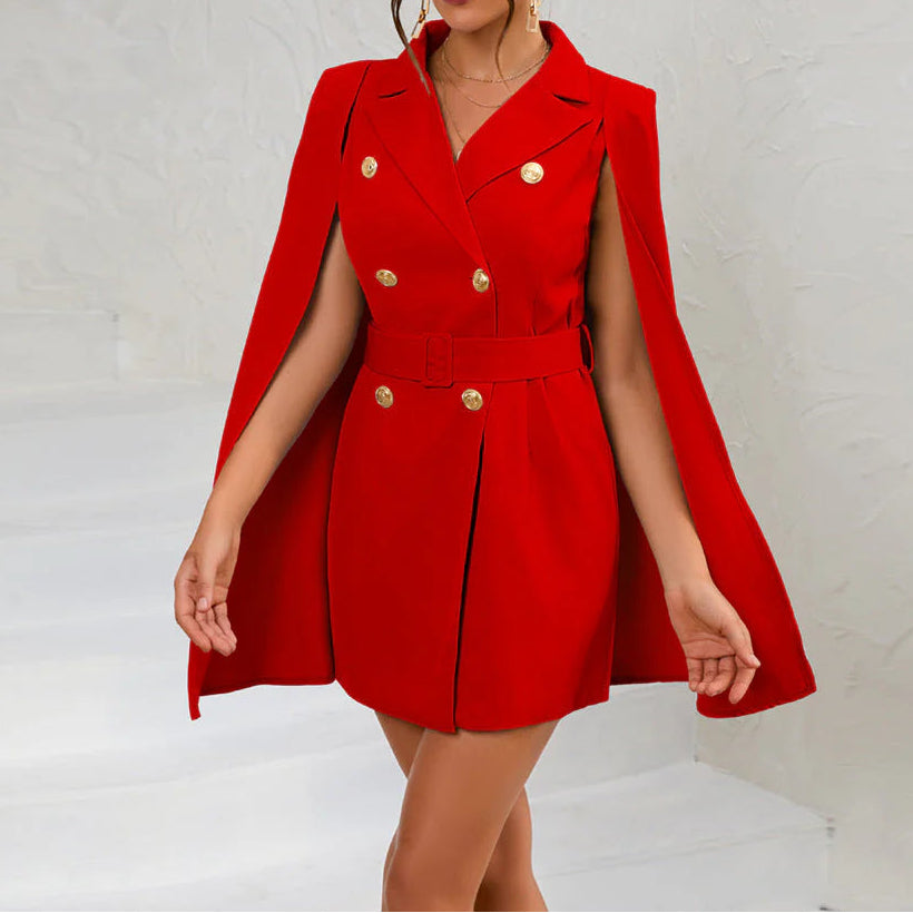 Robe Blazer Femme avec Cape et Double Boutonnage-Mini Dress-Gigié