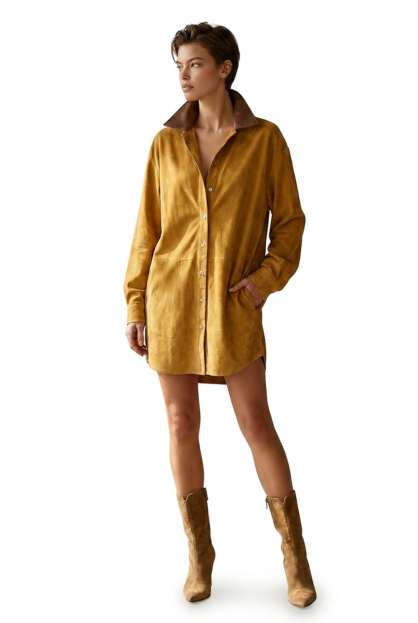 Robe chemise courte en suédine pour femme avec col contrastant 1