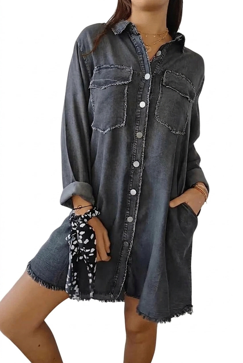 Robe chemise en jean oversize pour femme avec ourlet effiloché 1