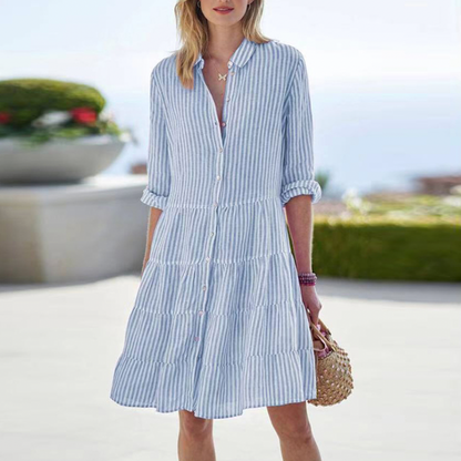 Robe Chemise Femme avec Boutonnage Frontal, Col et Jupe à Volants-Midi Dress-Gigié