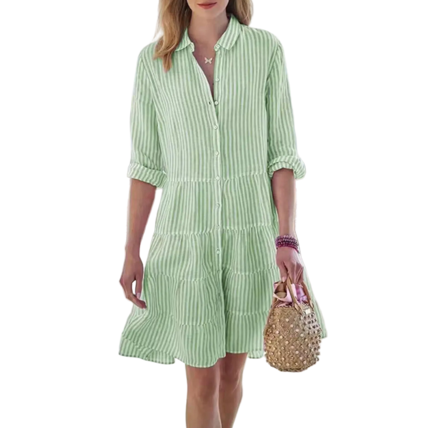 Robe Chemise Femme avec Boutonnage Frontal, Col et Jupe à Volants-Midi Dress-Gigié