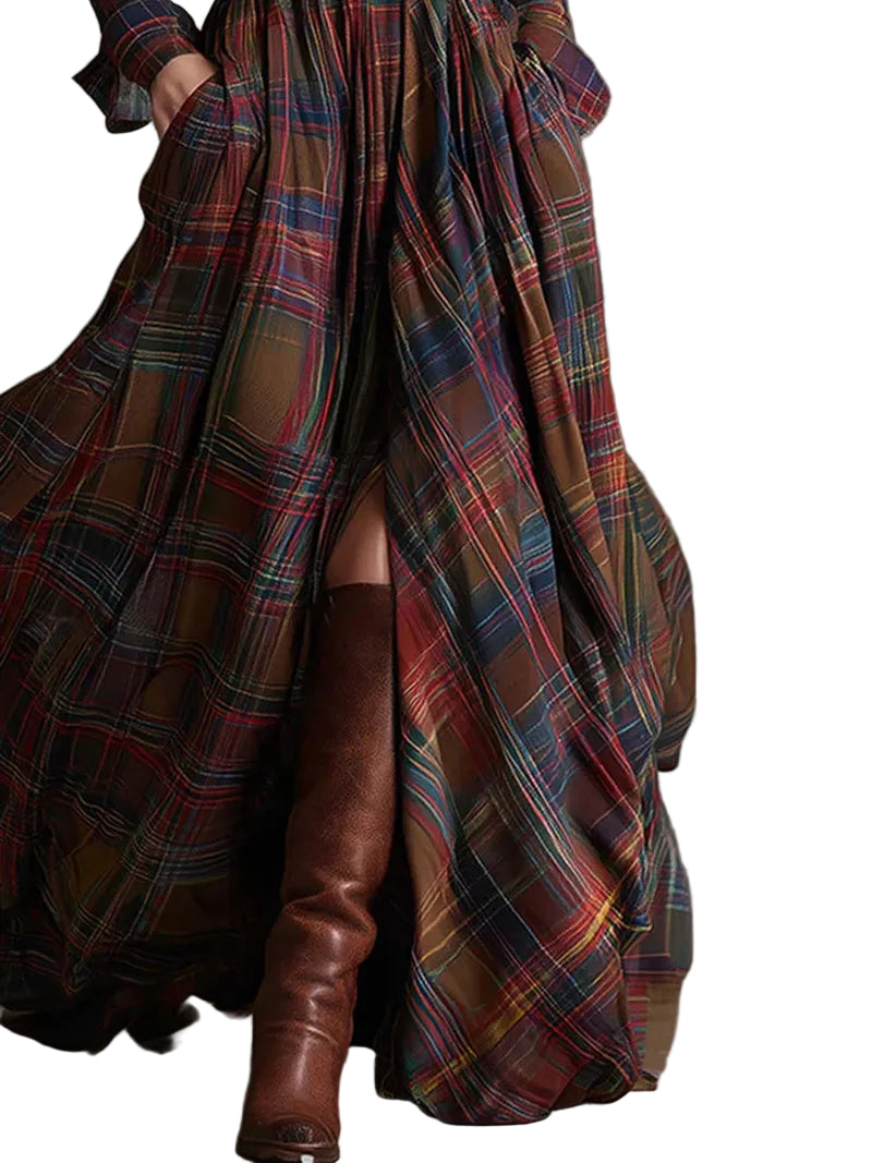 Robe Chemise Longue à Carreaux pour Femme avec Ceinture-Maxi Dress-Gigié