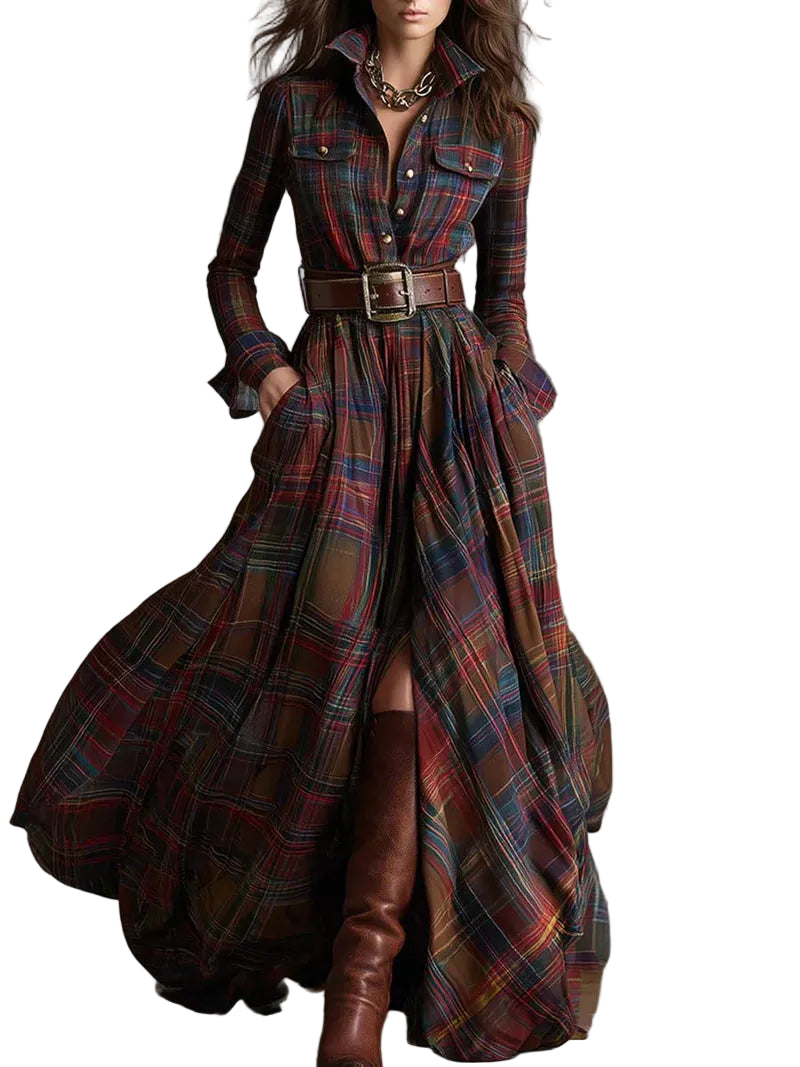 Robe Chemise Longue à Carreaux pour Femme avec Ceinture-Maxi Dress-Gigié
