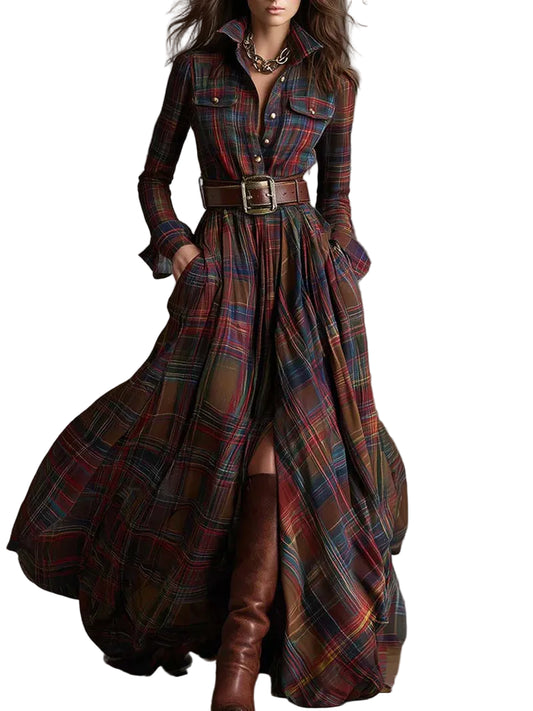 Robe Chemise Longue à Carreaux pour Femme avec Ceinture-Maxi Dress-Gigié