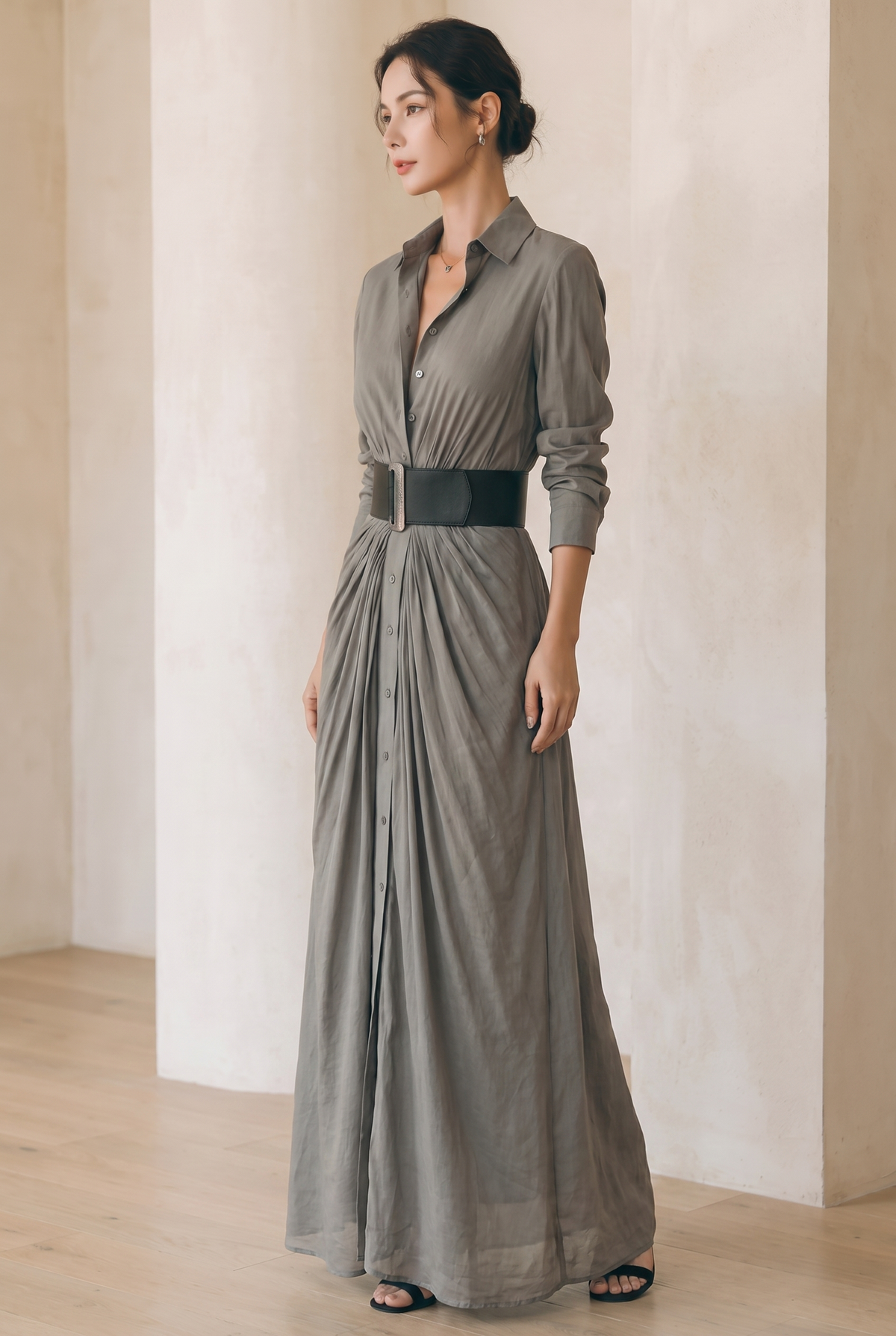 Robe chemise longue à manches longues avec col à revers pour femme 2