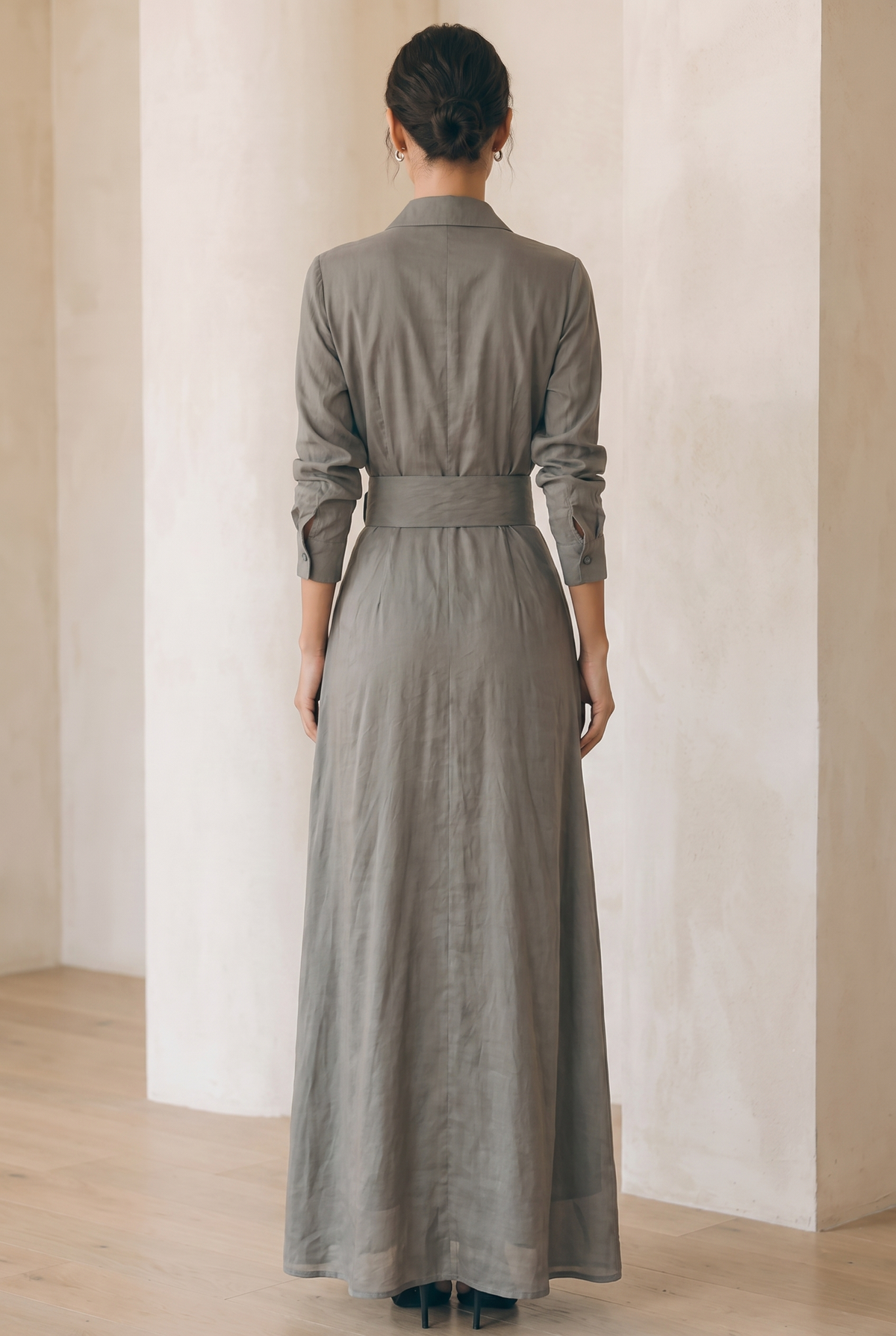 Robe chemise longue à manches longues avec col à revers pour femme 3