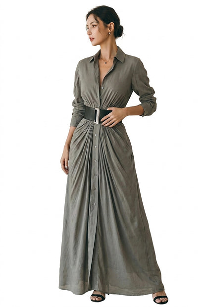 Robe chemise longue à manches longues avec col à revers pour femme 1